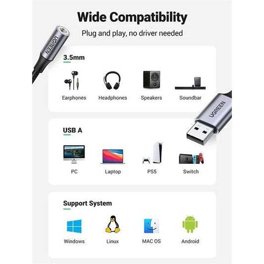 UGREEN Kábel USB 2.0 USB-A - Audio 3,5mm Jack M/F, 0,25m, fekete