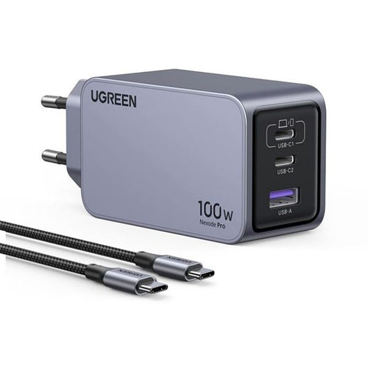 UGREEN Nexode Pro hálózati töltő, 100W, 3 Port, GaN, 2x USB-C, 1x USB-A, szürke